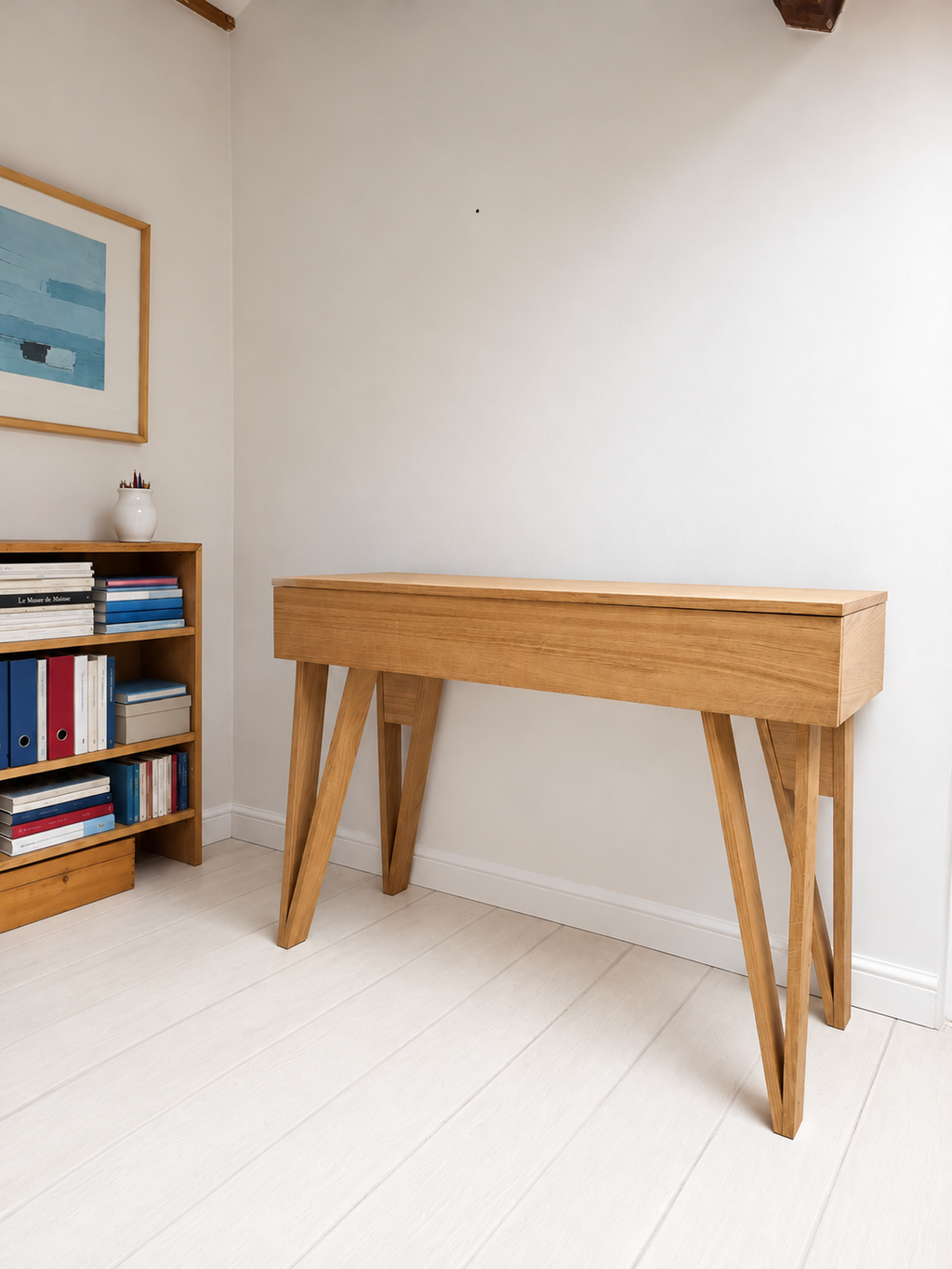 Bureau cache écrans BIMO plaqué chêne 128 x 45/60 cm - compatible 2 écrans 24" - pied cache fil Le Corbu