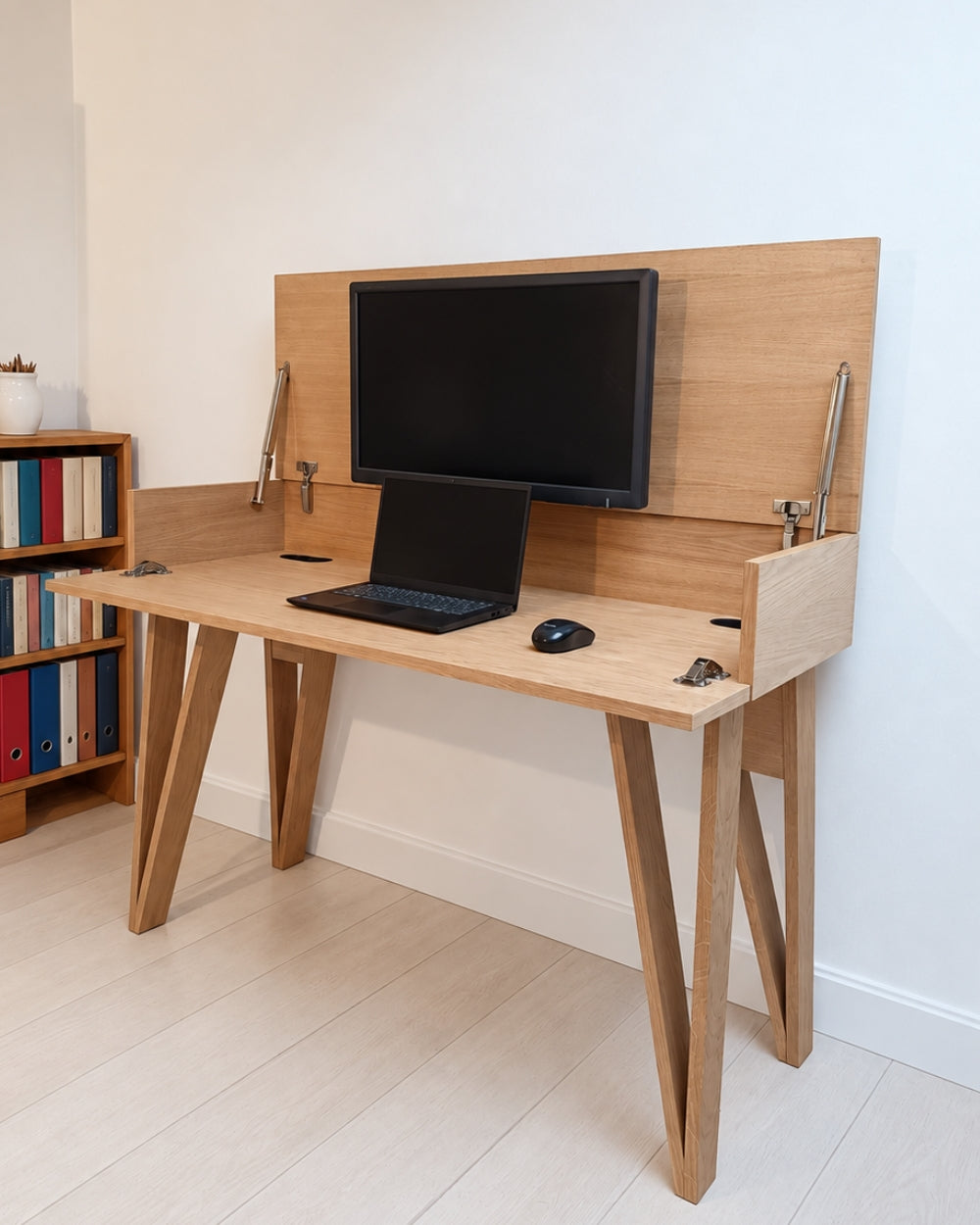 Bureau cache écrans BIMO plaqué chêne 128 x 45/60 cm - compatible 2 écrans 24" - pied cache fil Le Corbu