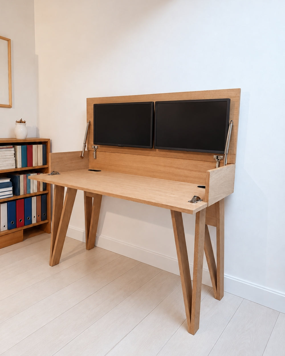Bureau cache écrans BIMO plaqué chêne 128 x 45/60 cm - compatible 2 écrans 24" - pied cache fil Le Corbu