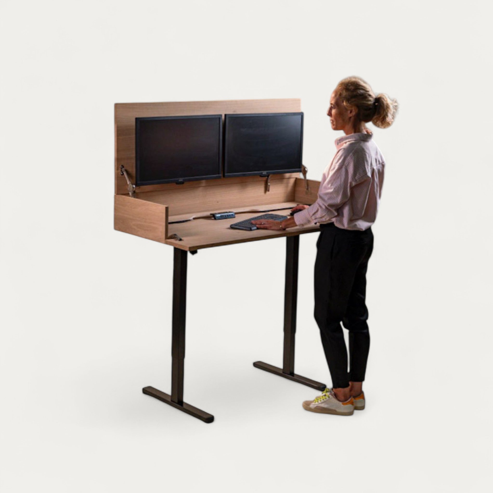 Bureau BOSS.AD modulable en chêne 128 x 45/60 cm - compatible 2 écrans 24" - pied assis debout