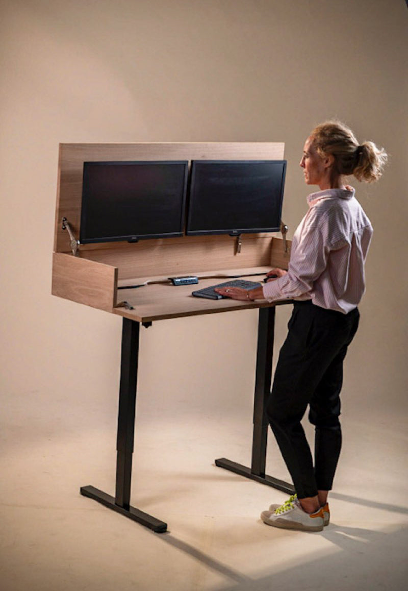 Bureau BOSS.AD modulable en chêne 128 x 45/60 cm - compatible 2 écrans 24" - pied assis debout